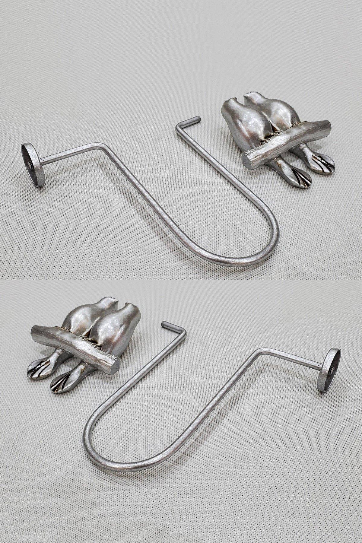 Kuş Figürlü Metal Kulp Polyester Perde Renso Takımı Gümüş Renk (2'li Sağ-Sol Set)