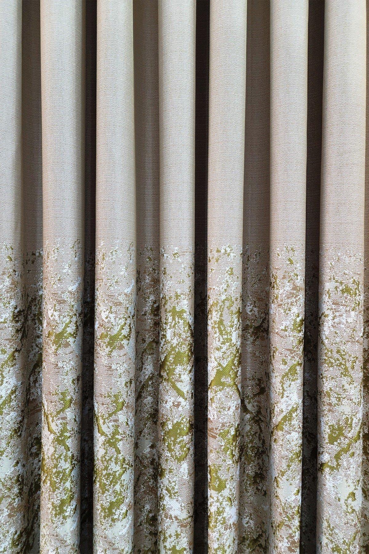 Lina Keten Dokuma Fon Perde Bej Yeşil Renk Desenli