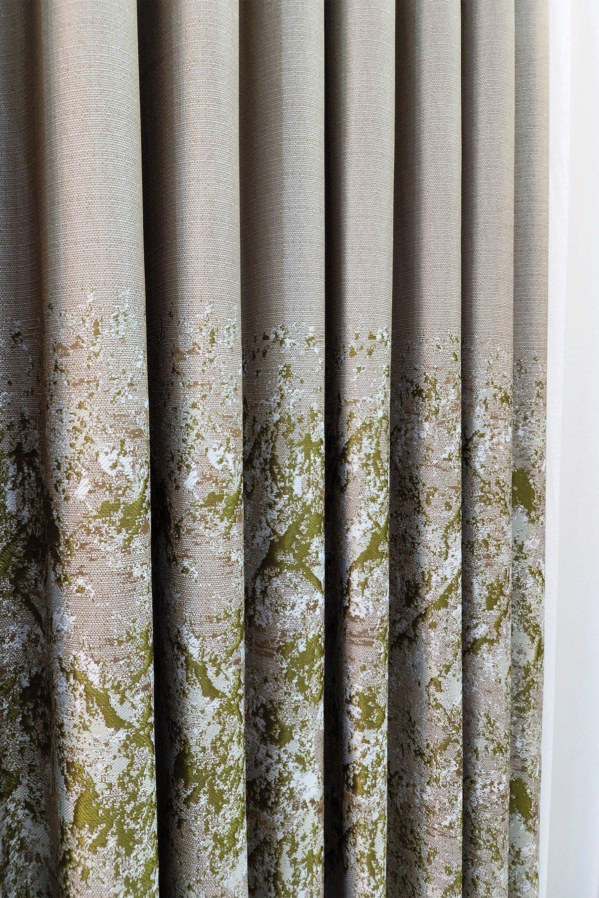 Lina Keten Dokuma Fon Perde Bej Yeşil Renk Desenli