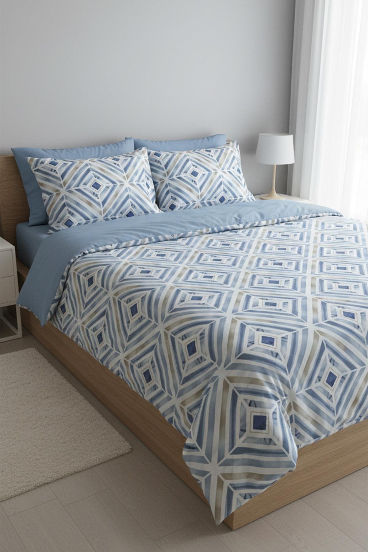 Mavi Geometrik Çizgi Çift Kişilik %100 Pamuk Nevresim Takımı