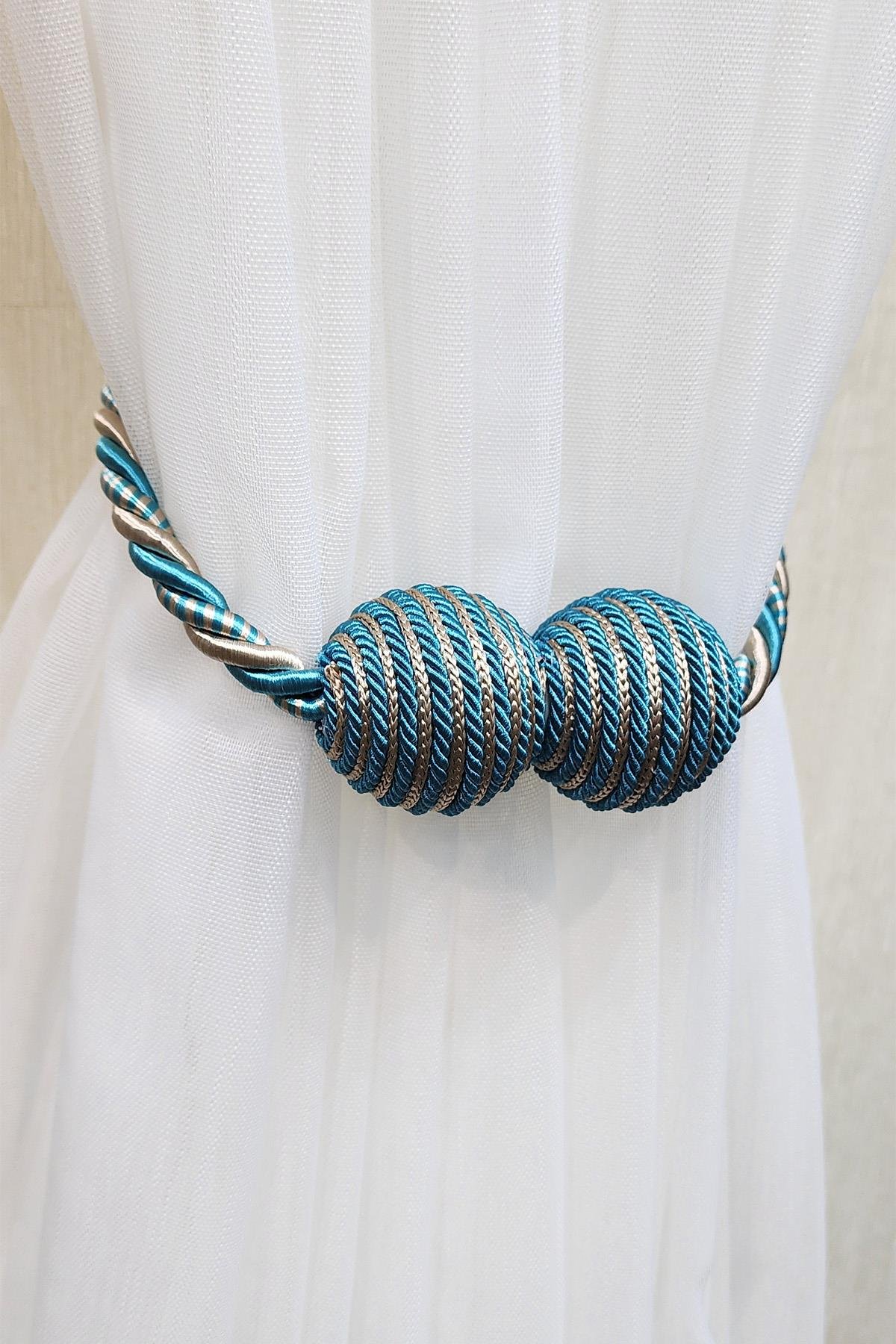 Mıknatıslı Perde Bağcık Braçol Turkuaz Bej Renk