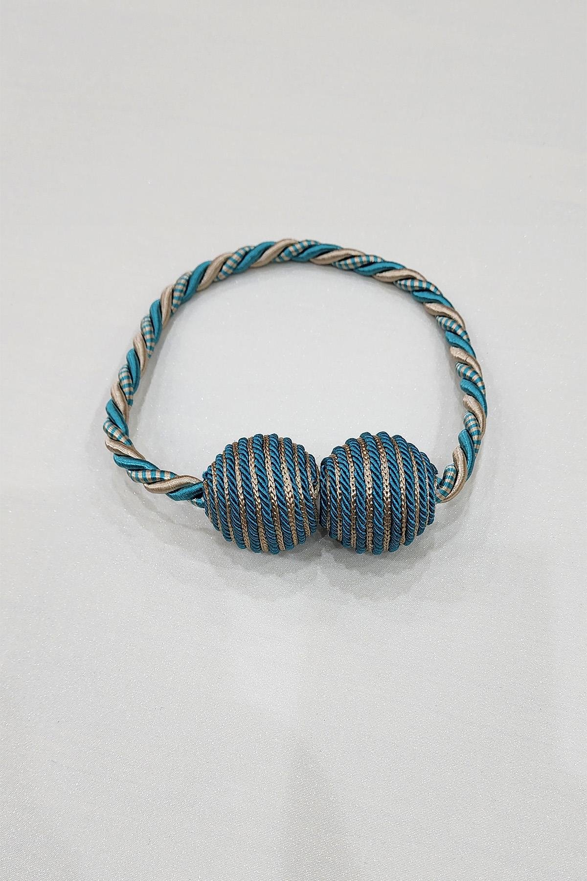 Mıknatıslı Perde Bağcık Braçol Turkuaz Bej Renk