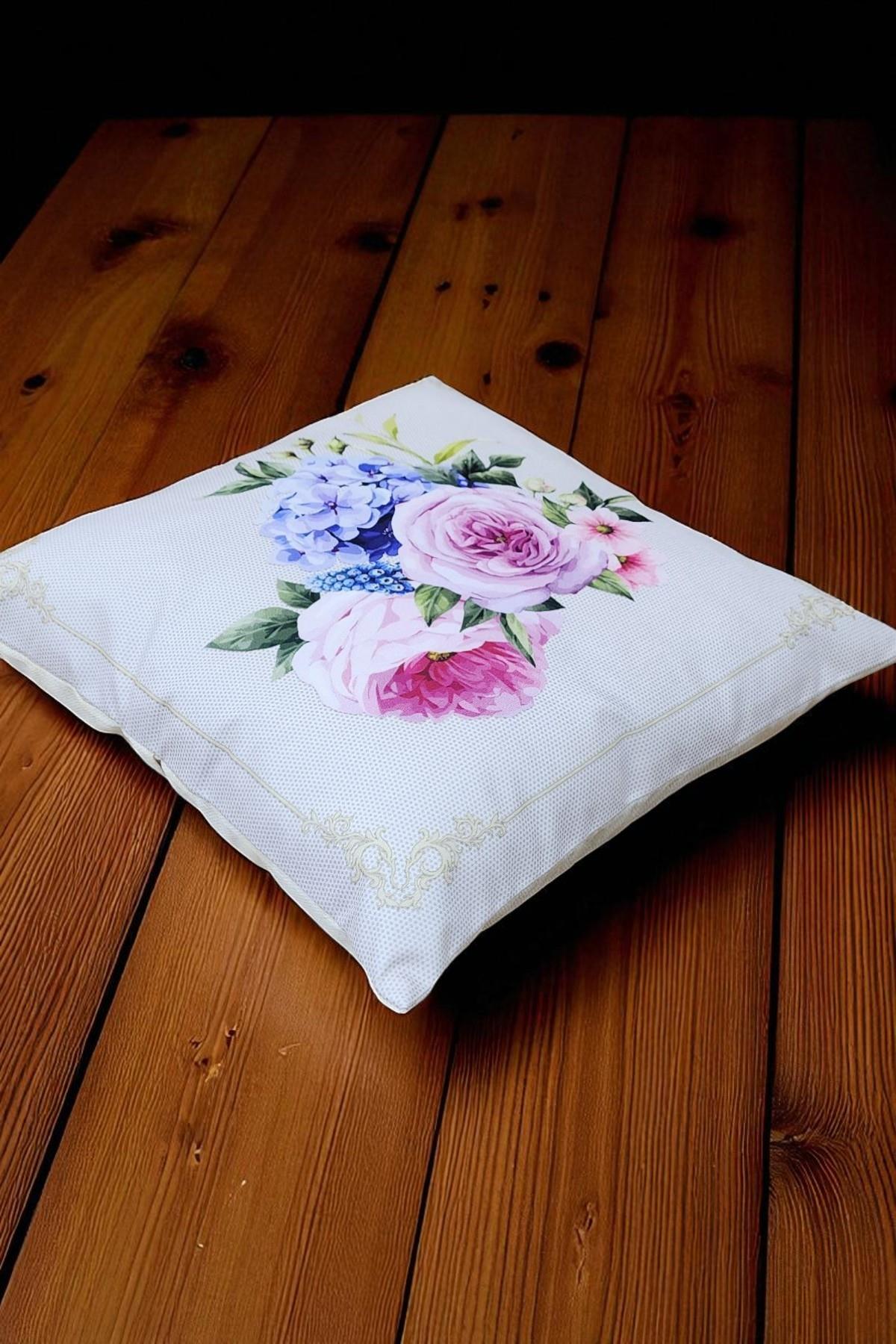 Pastel Çiçek Buketi Dijital Baskılı Kırlent Kılıfı - 40x40 cm