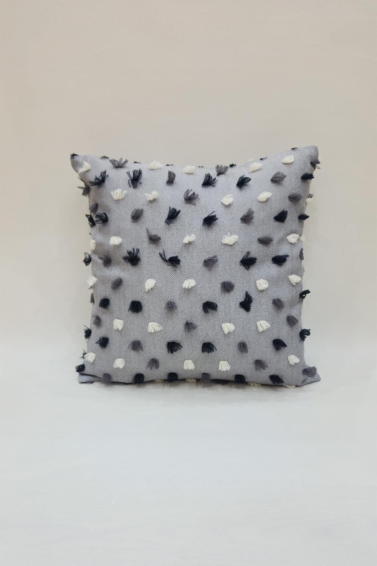 Pastel Püsküllü Kırlent Kılıfı Gri Renk -43x43cm - Modern ve Neşeli Tasarım