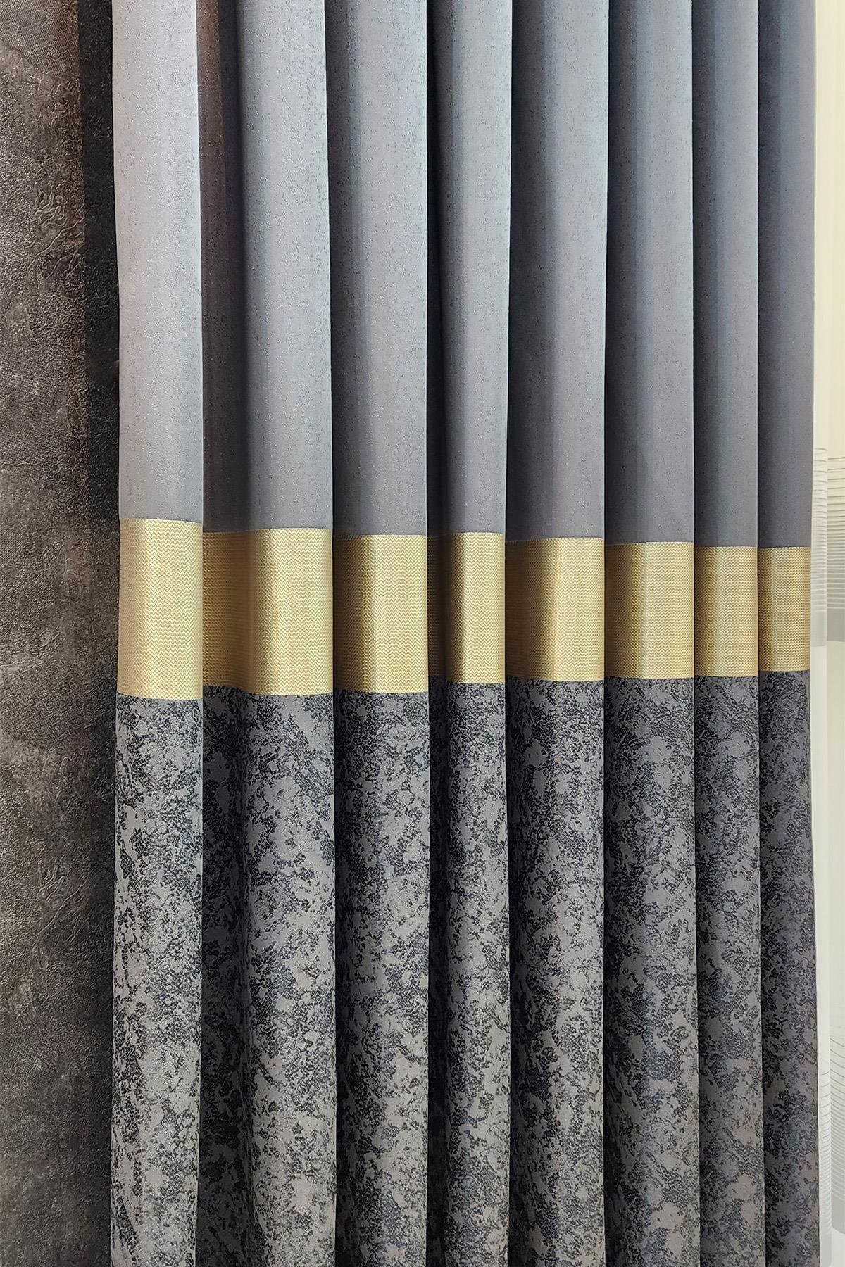 Regnum Pano Fon Perde Antrasit Gri Gold Renk