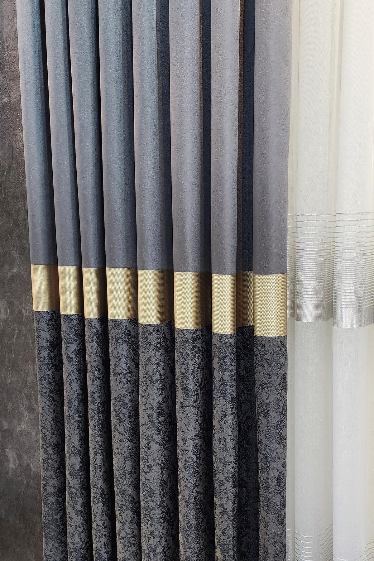 Regnum Pano Fon Perde Antrasit Gri Gold Renk