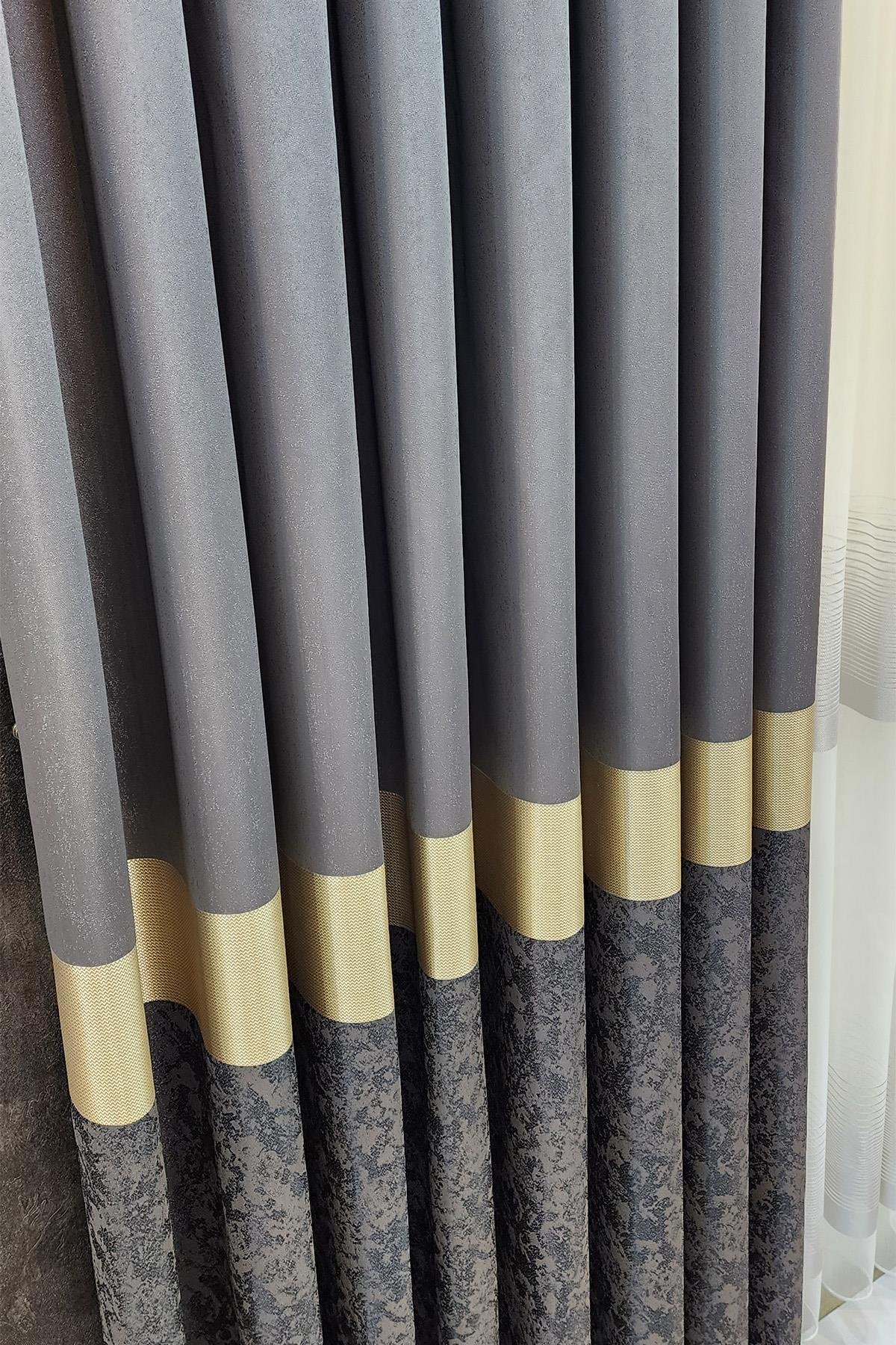 Regnum Pano Fon Perde Antrasit Gri Gold Renk