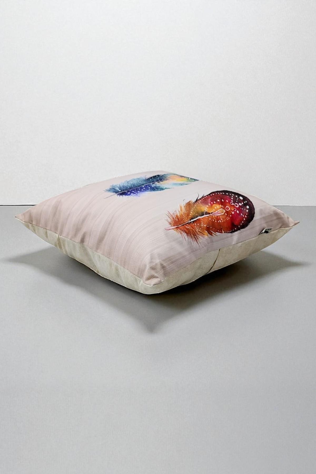 Renkli Tüyler Dijital Baskılı Kırlent Kılıfı - 40x40 cm