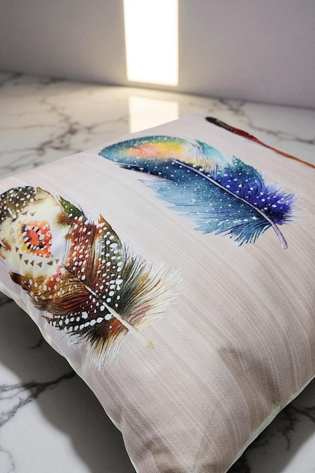 Renkli Tüyler Dijital Baskılı Kırlent Kılıfı - 40x40 cm