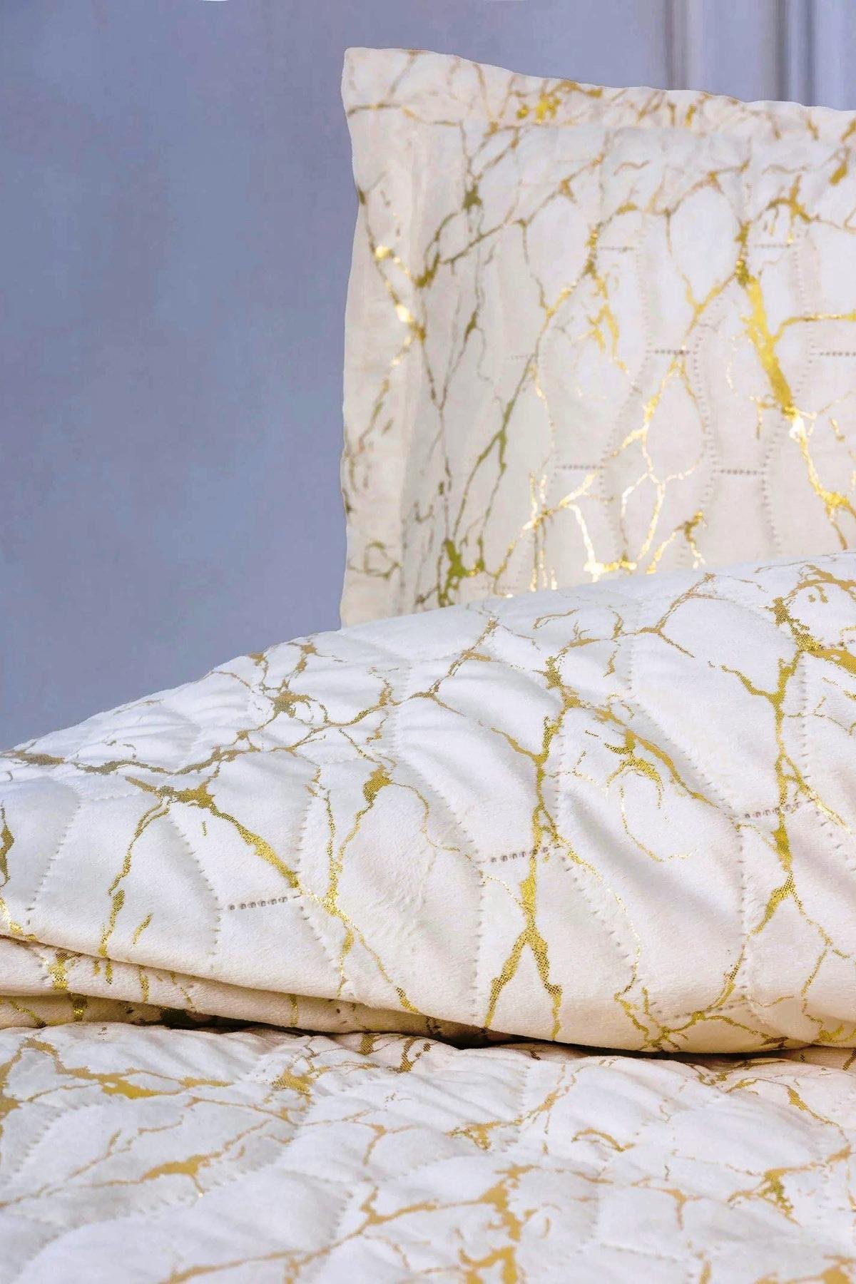 Smart Destello Krem Çift Kişilik Kadife Varaklı Yatak Örtüsü Seti