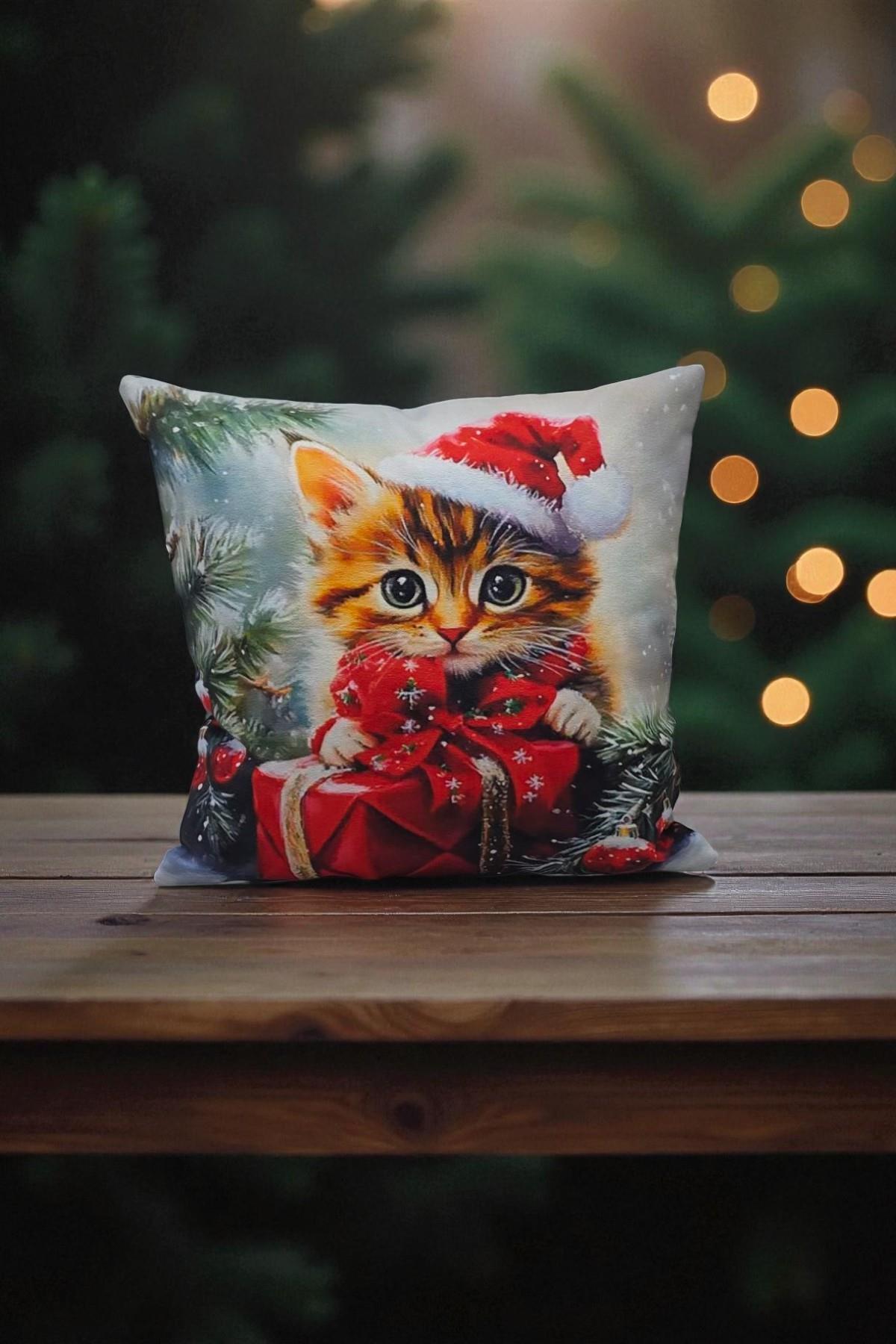 Yılbaşı Temalı Kedi Desenli Dekoratif Kırlent Kılıfı 40x40cm