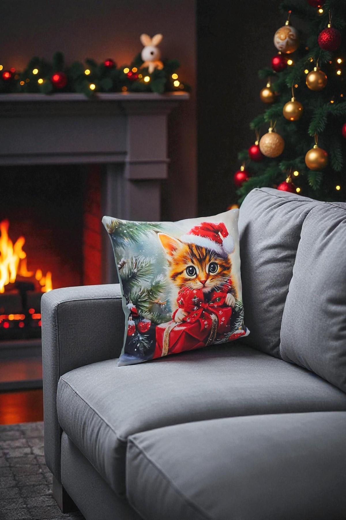 Yılbaşı Temalı Kedi Desenli Dekoratif Kırlent Kılıfı 40x40cm