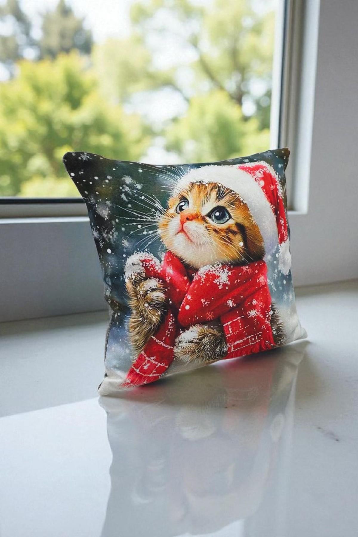 Yılbaşı Temalı Sevimli Kedi Desenli Kırlent Kılıfı 40x40cm