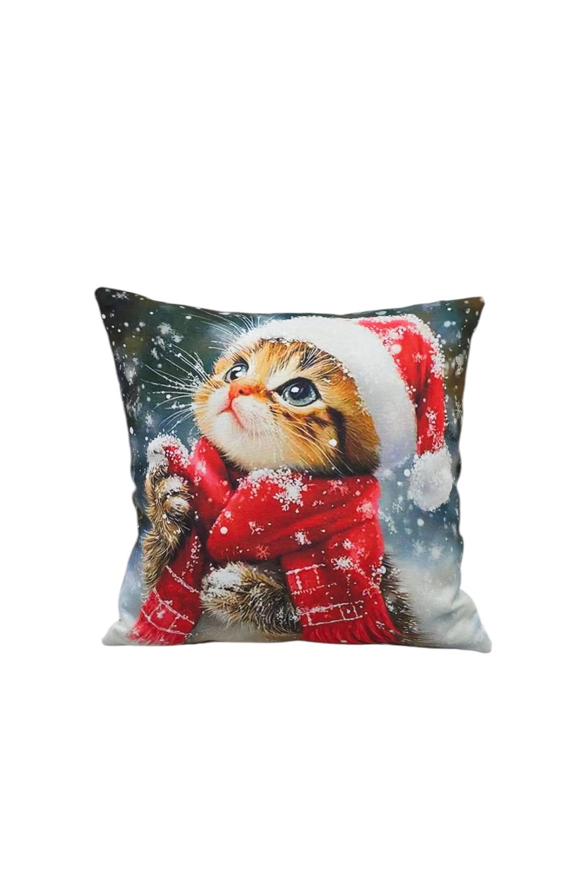 Yılbaşı Temalı Sevimli Kedi Desenli Kırlent Kılıfı 40x40cm