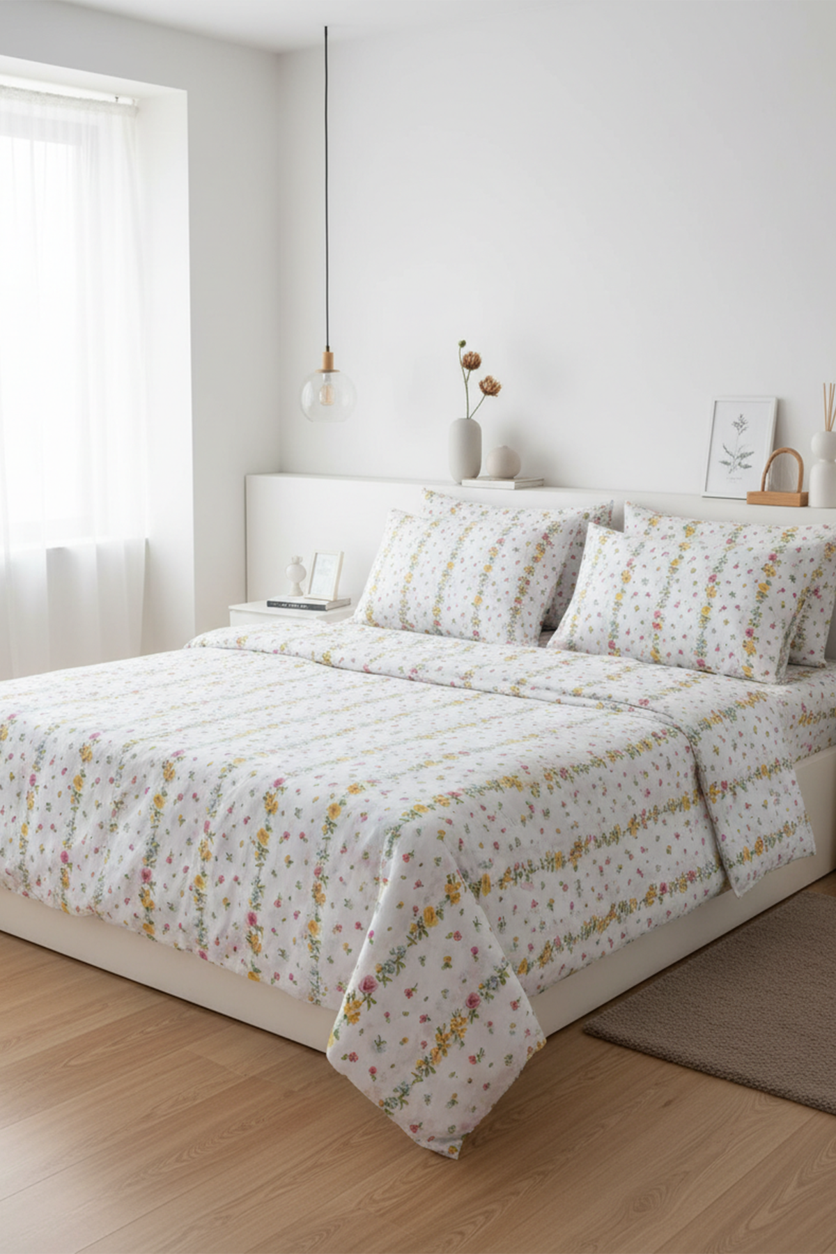 Zarif Çiçek Desenli Çift Kişilik %100 Pamuk Nevresim Takımı 200x220