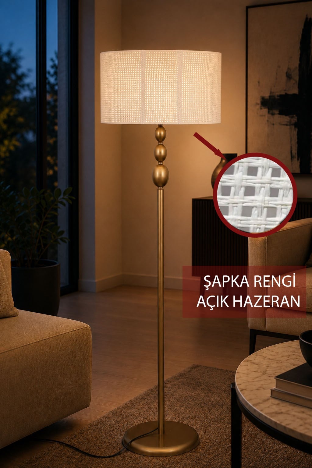Asel Eskitme Metal Ayaklı Lambader Açık Ton Kumaş Şapka Modern Salon Yatak Odası Köşe Aydınlatma