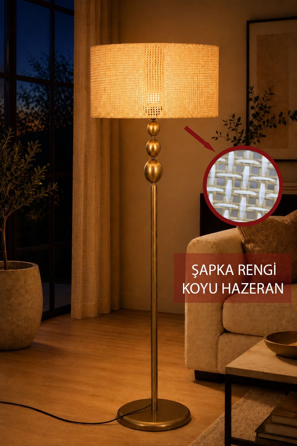 Asel Eskitme Metal Ayaklı Lambader Koyu Ton Kumaş Şapka Modern Salon Yatak Odası Köşe Aydınlatma