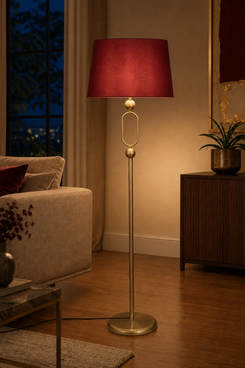 İlay Eskitme Metal Ayaklı Lambader Bordo Kumaş Şapka Modern Salon Yatak Odası Köşe Aydınlatma