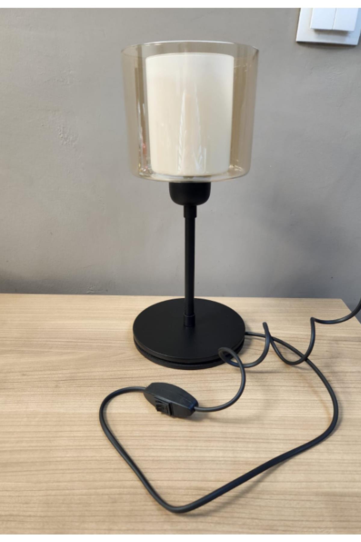 Rena Tekli Siyah Çift Bal Cam Abajur Masa Lambası Krem Şapka Salon Yatak Odası Abajur