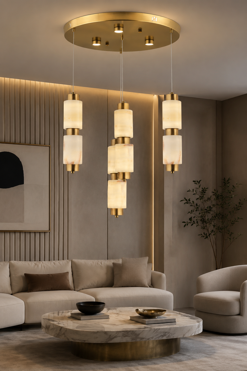 Sevilla 4 Lü Tepsili  Premium Mermer Camlı Gold Sarkıt Led Avize Modern Luxury Salon Yatak Odası Avizesi