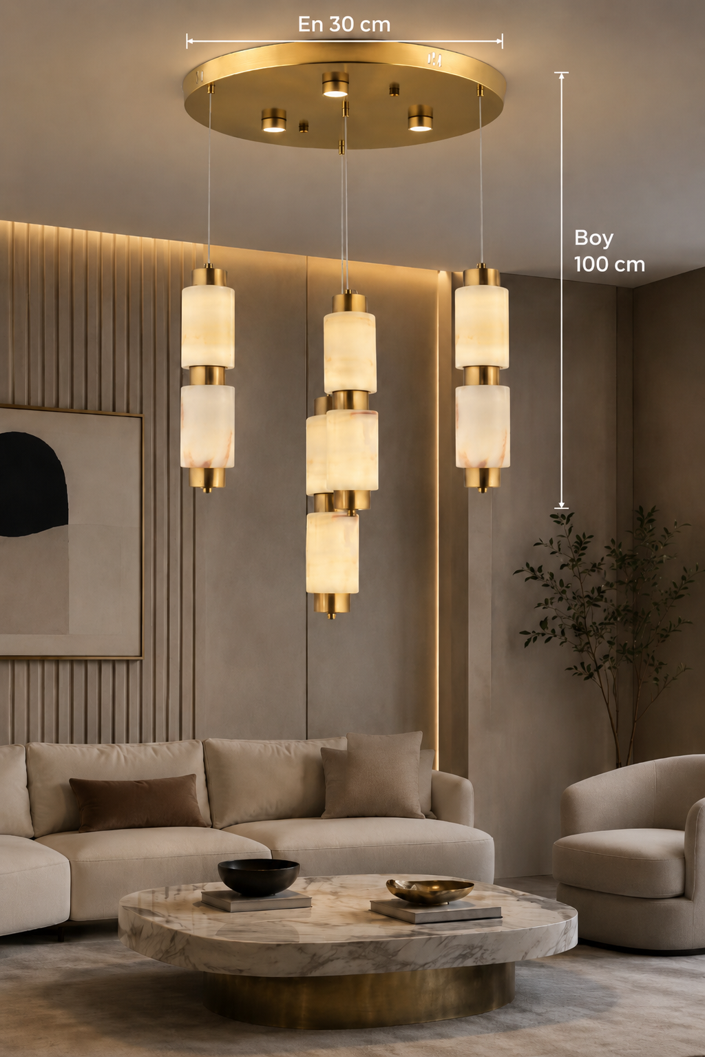 Sevilla 4 Lü Tepsili  Premium Mermer Camlı Gold Sarkıt Led Avize Modern Luxury Salon Yatak Odası Avizesi