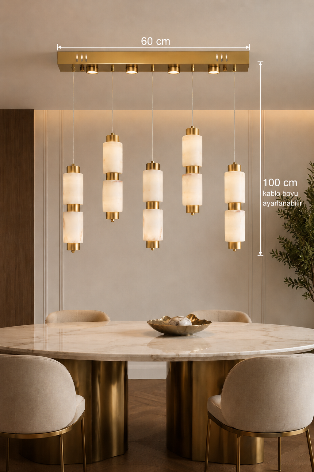 Sevilla  5 li Kutulu  Premium Mermer Camlı Gold Sarkıt Led Avize Modern Luxury Salon Yemek Masası Üzeri Avize
