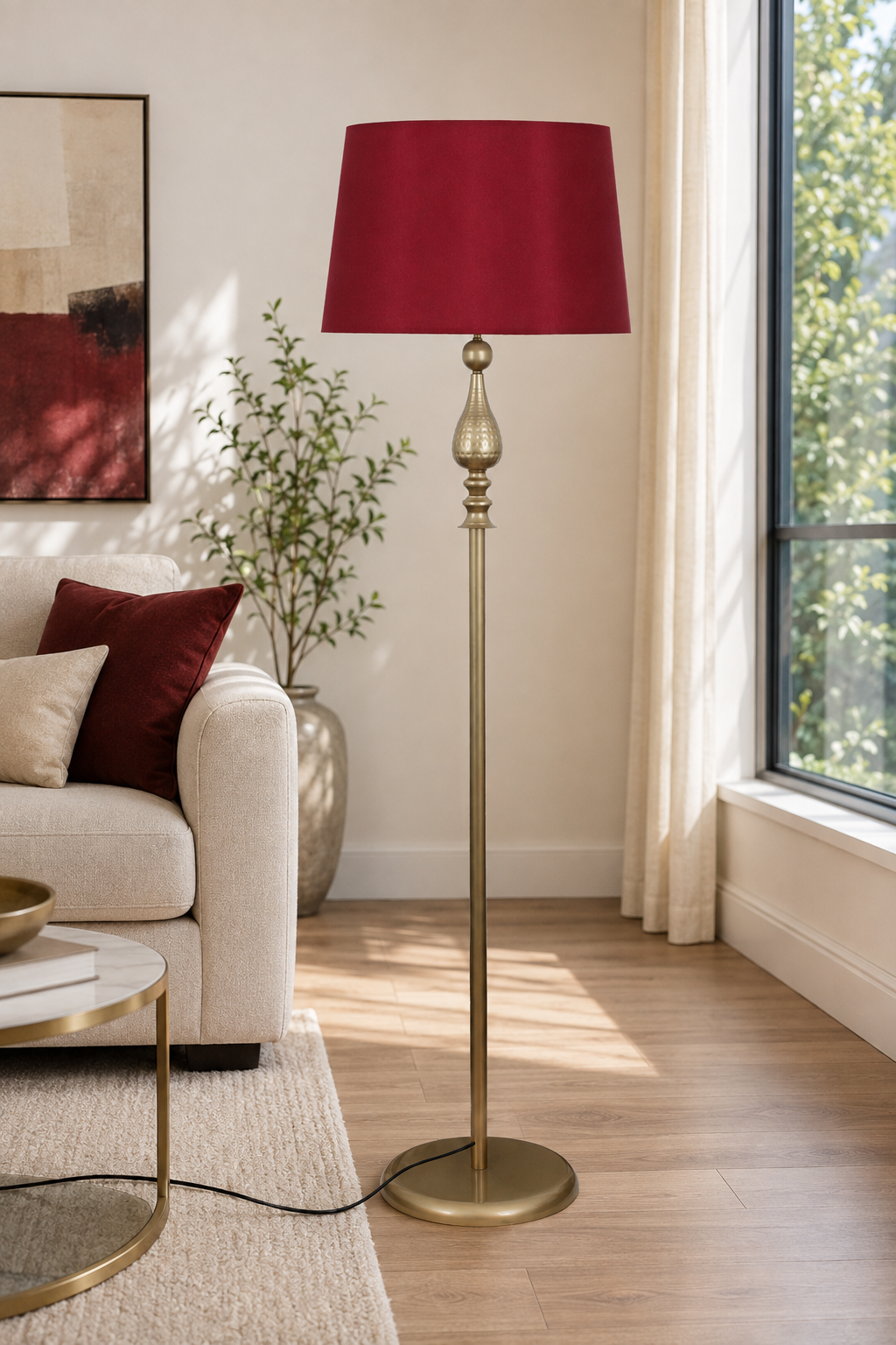 Solis Eskitme Metal Ayaklı Lambader Bordo  Kumaş Şapka Modern Salon Yatak Odası Köşe Aydınlatma