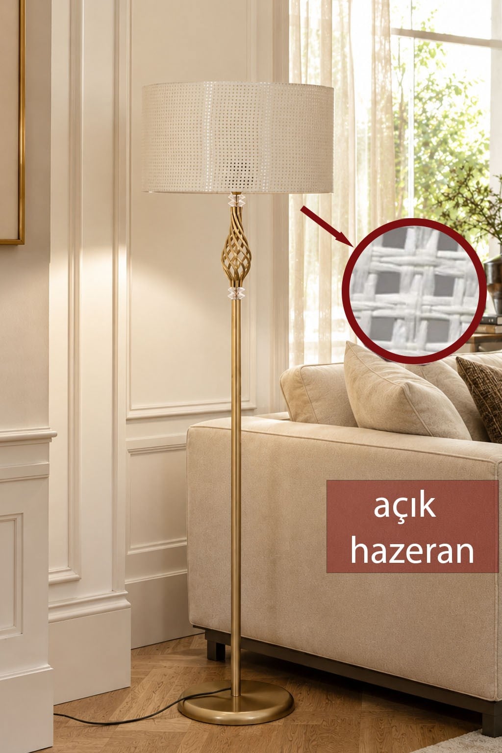 Vera  Eskitme Metal Ayaklı Lambader  Açık Ton Hazeran Kumaş Şapka Modern Salon Yatak Odası Köşe Aydınlatma