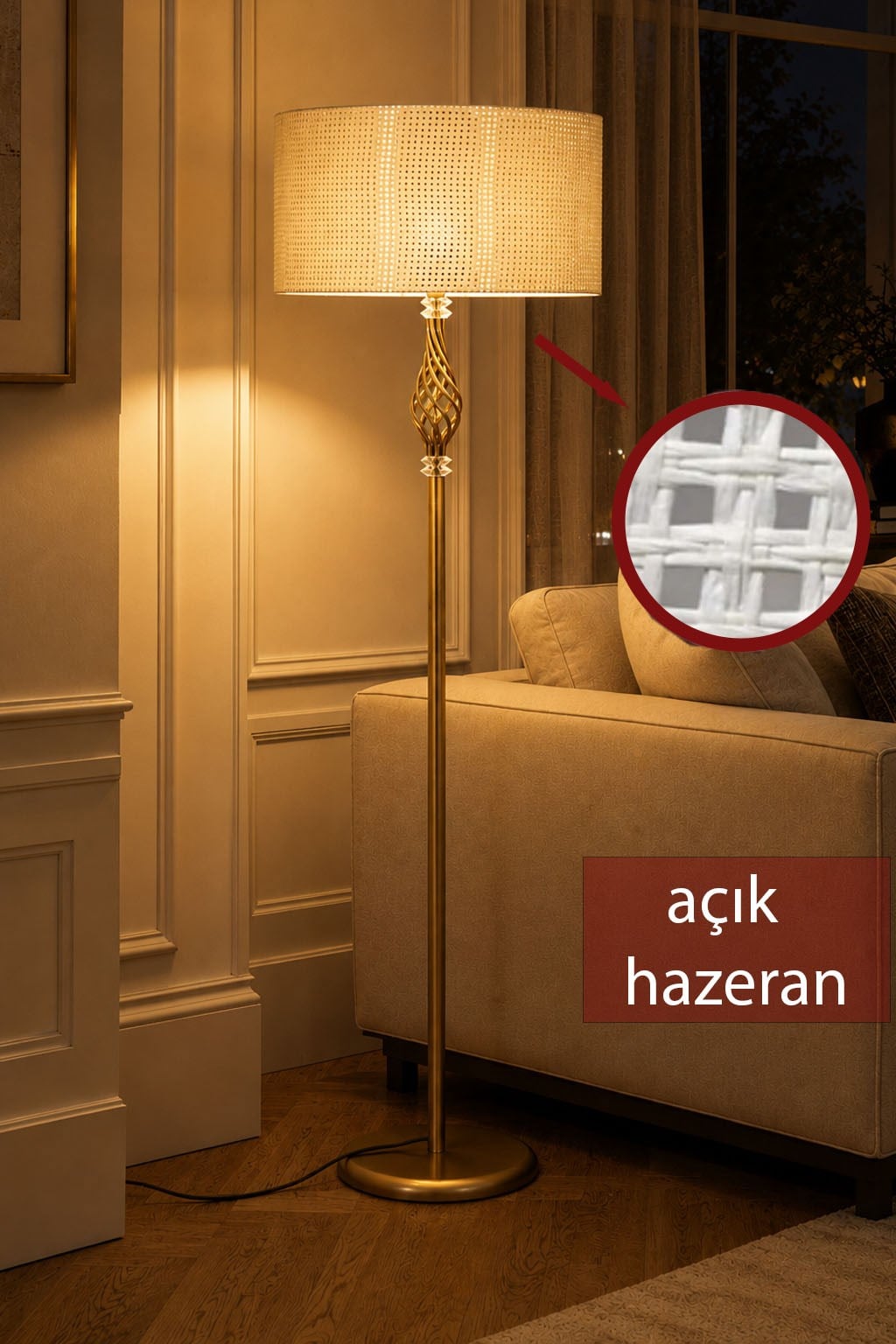 Vera  Eskitme Metal Ayaklı Lambader  Açık Ton Hazeran Kumaş Şapka Modern Salon Yatak Odası Köşe Aydınlatma