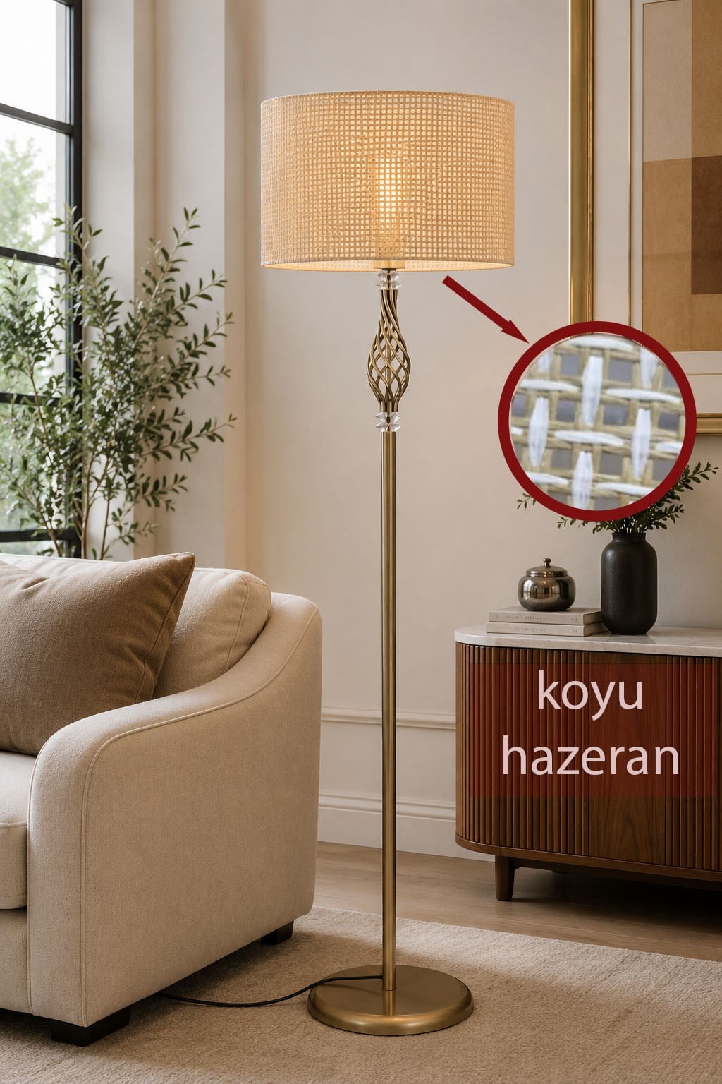 Vera  Eskitme Metal Ayaklı Lambader  Koyu Ton Hazeran Kumaş Şapka Modern Salon Yatak Odası Köşe Aydınlatma