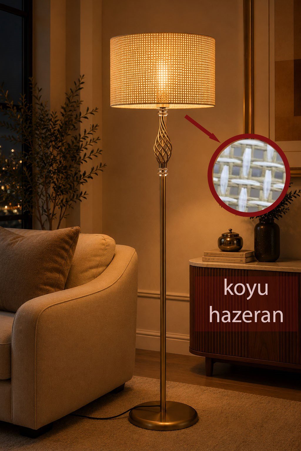 Vera  Eskitme Metal Ayaklı Lambader  Koyu Ton Hazeran Kumaş Şapka Modern Salon Yatak Odası Köşe Aydınlatma
