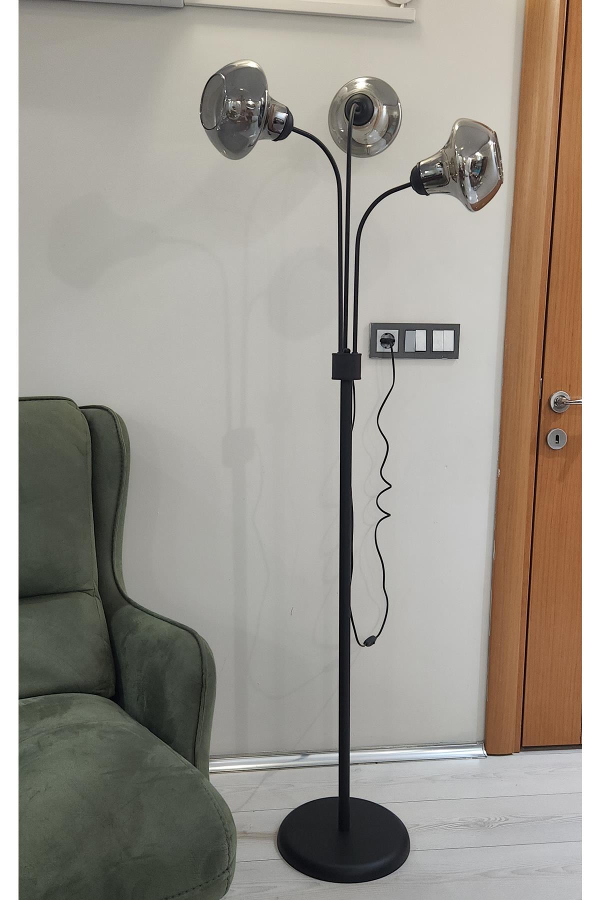 Zambak 3 Lü Siyah Tasarım Metal Ayaklı Lambader 2044F  Oturma Odası-Salon Lambader