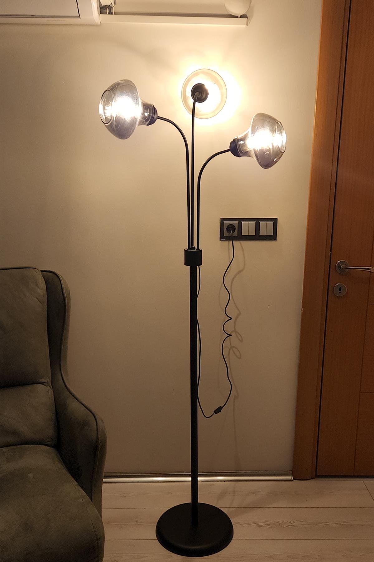 Zambak 3 Lü Siyah Tasarım Metal Ayaklı Lambader 2044F  Oturma Odası-Salon Lambader
