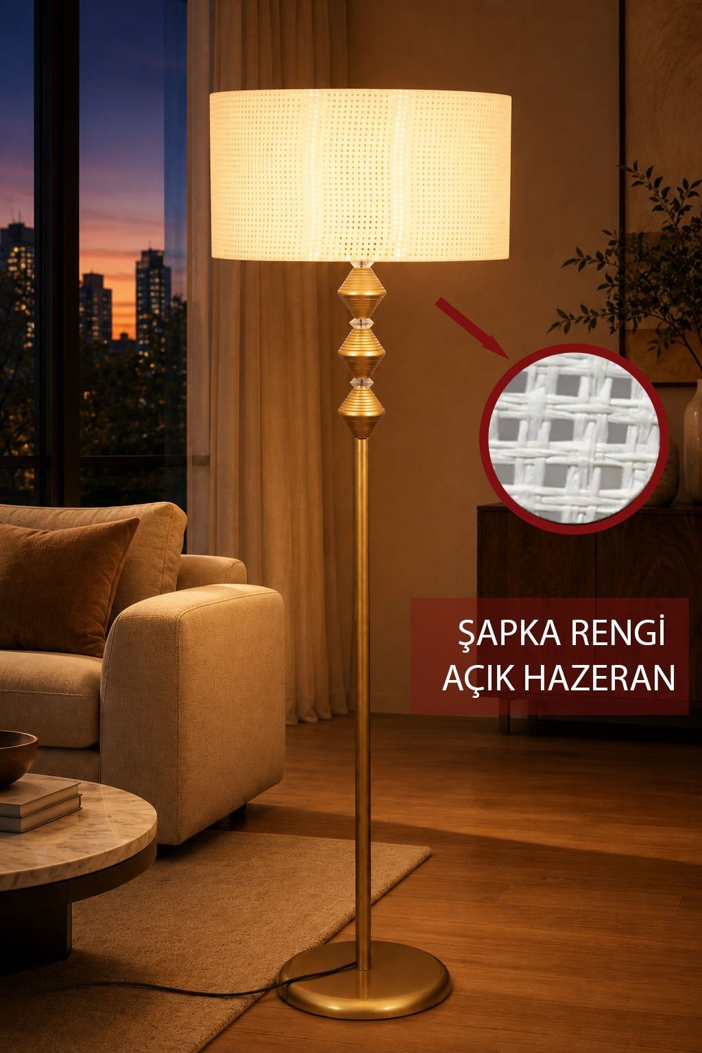 Zümra  Eskitme Metal Ayaklı Lambader Açık ton Hazeran Kumaş Şapka Modern Salon Yatak Odası Köşe Aydınlatma