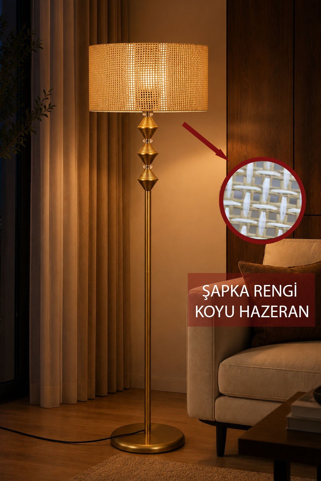 Zümra  Eskitme Metal Ayaklı Lambader Koyu ton Hazeran Kumaş Şapka Modern Salon Yatak Odası Köşe Aydınlatma