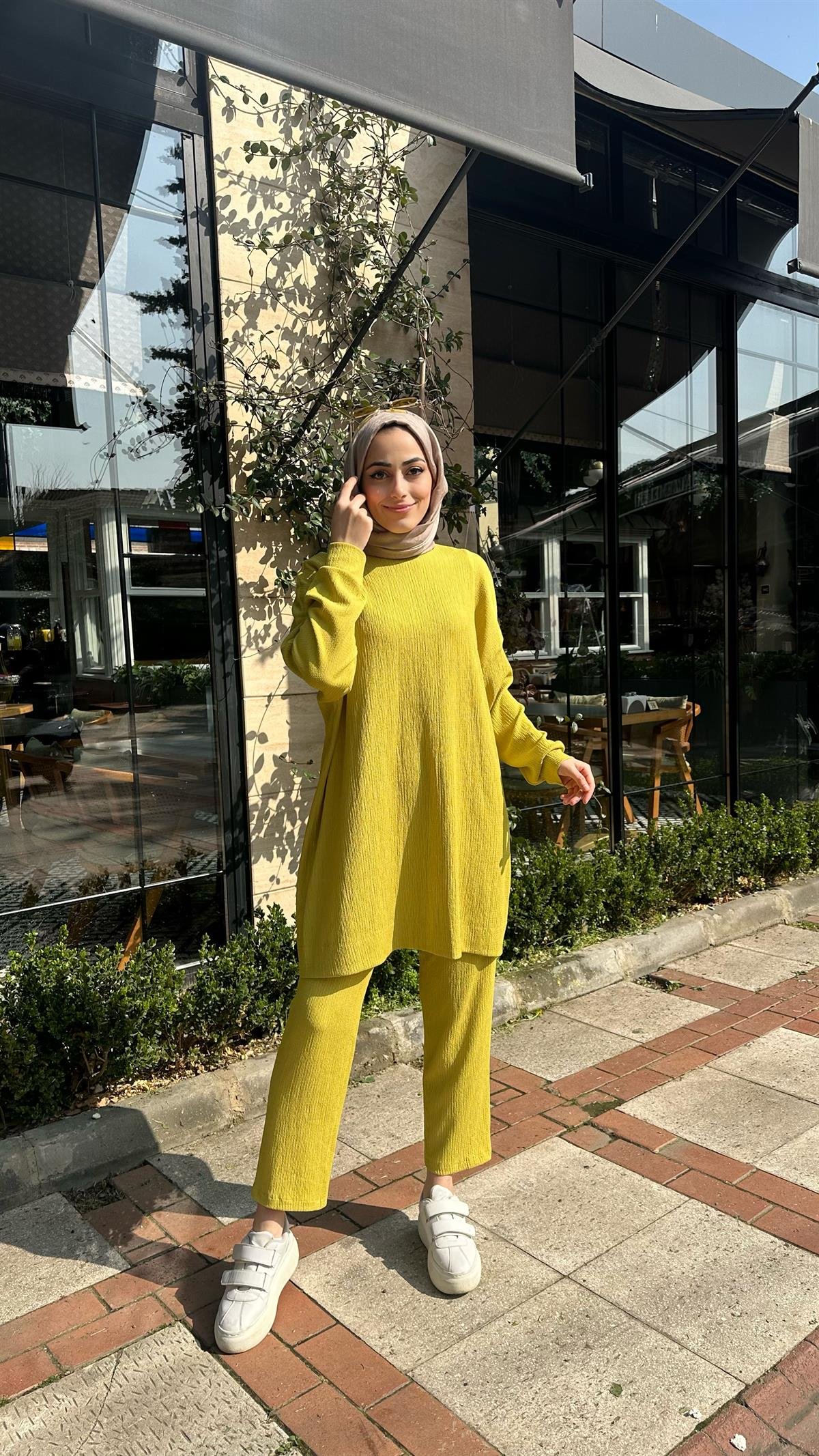  Gofre Tunik Takım Yağ Yeşili