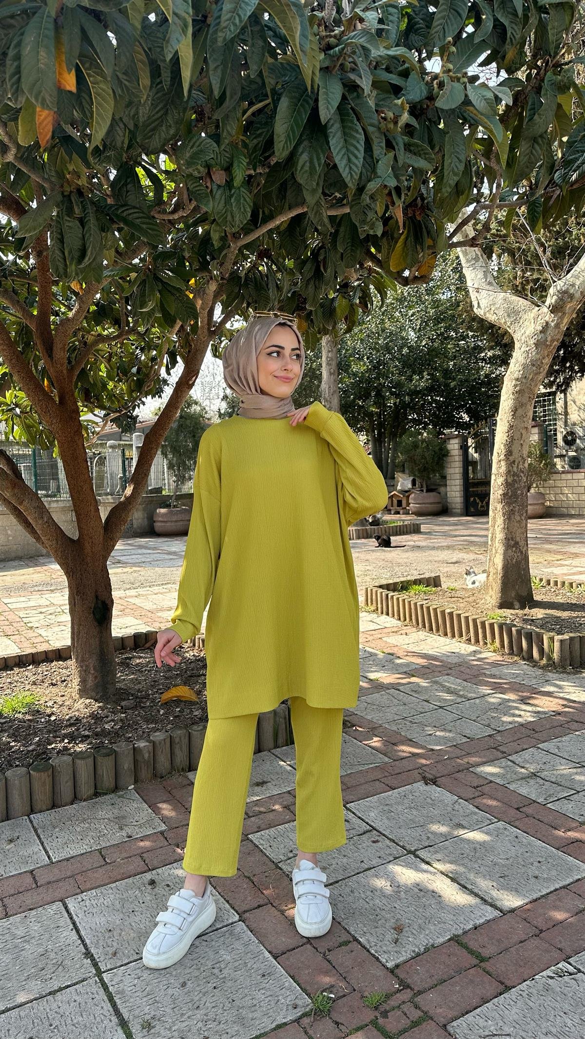 Gofre Tunik Takım Yağ Yeşili