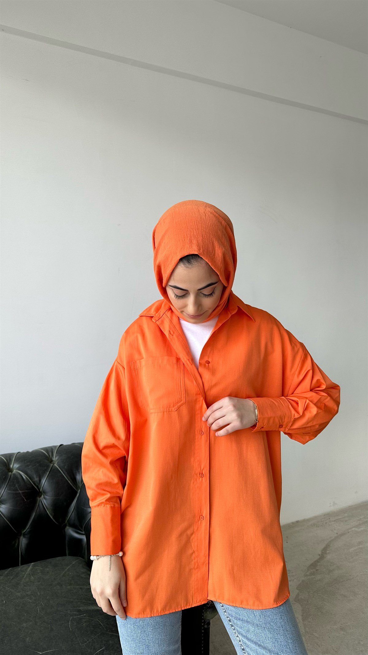 Arkası Uzun Basic Gömlek Turuncu