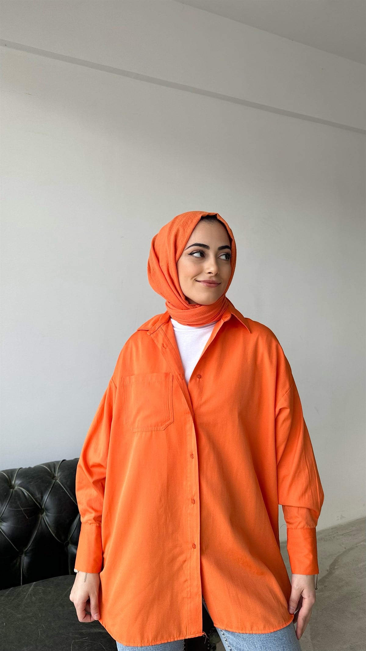 Arkası Uzun Basic Gömlek Turuncu