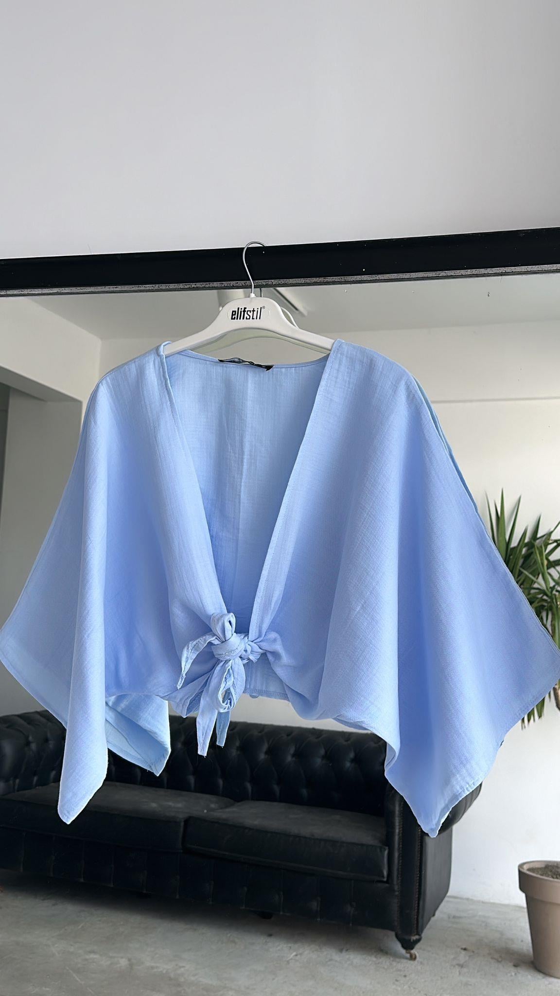 Bağlamalı Kısa Kimono mavi