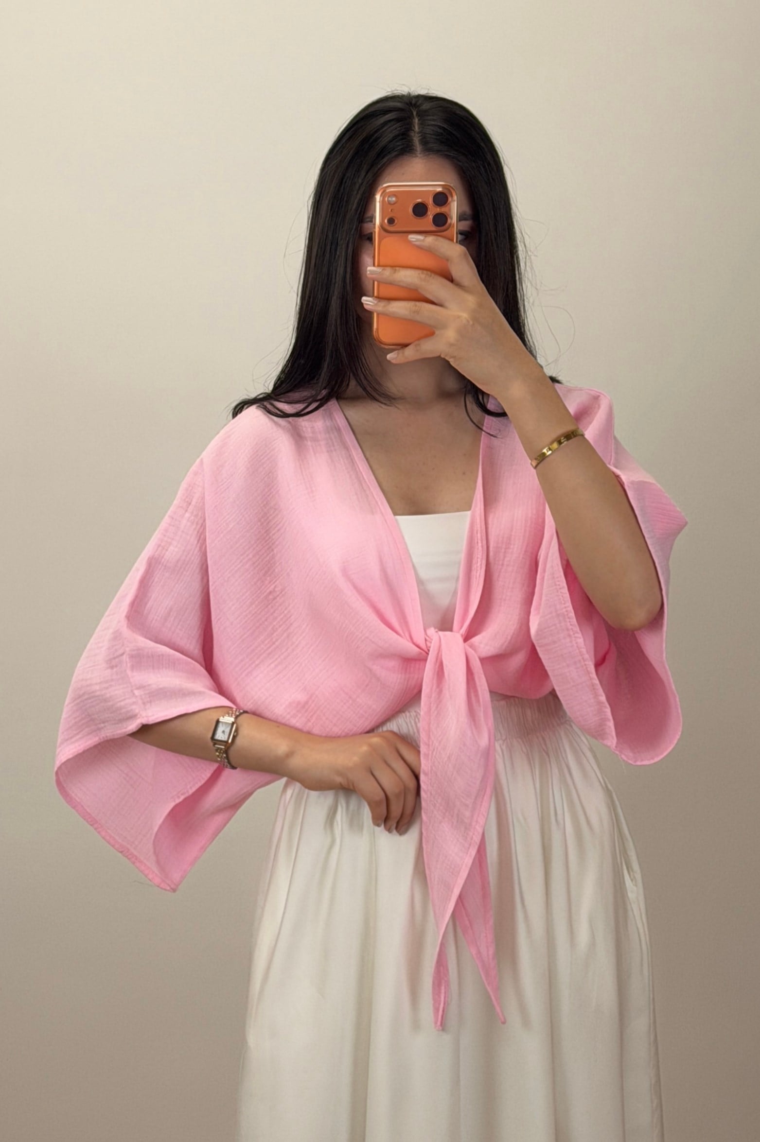 Bağlamalı Kısa Kimono Pembe