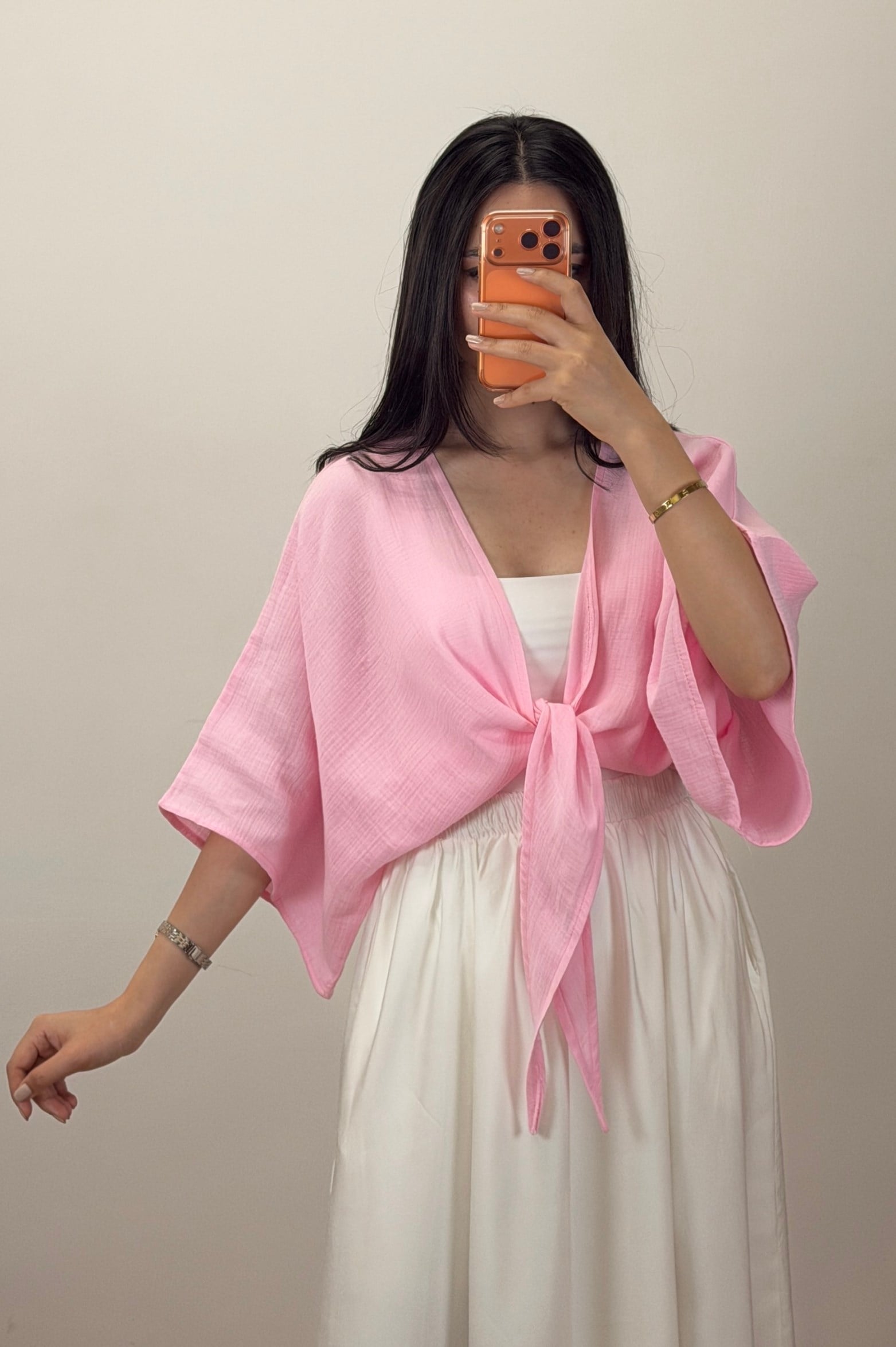 Bağlamalı Kısa Kimono Pembe