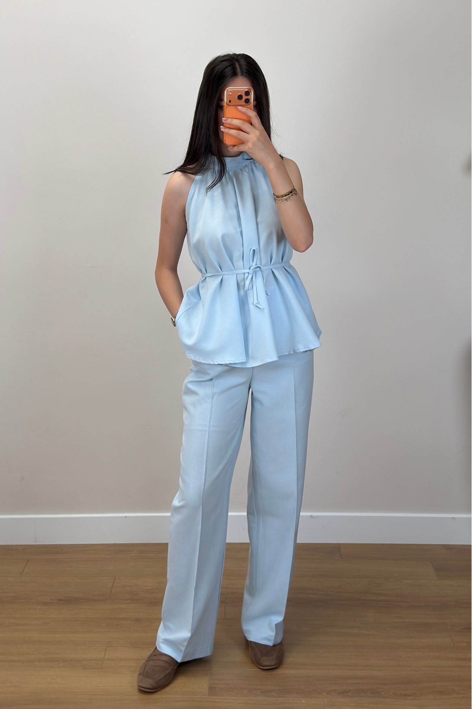 Büzgülü Bluz Pantolon Takım Mavi 