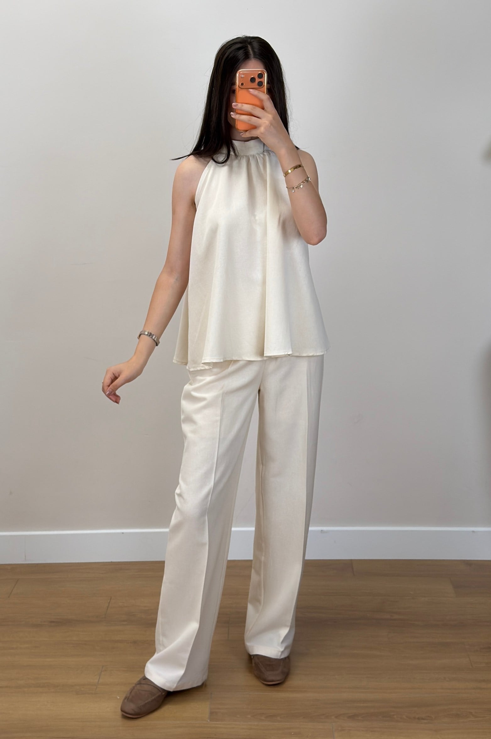 Büzgülü Bluz Pantolon Takım Naturel 