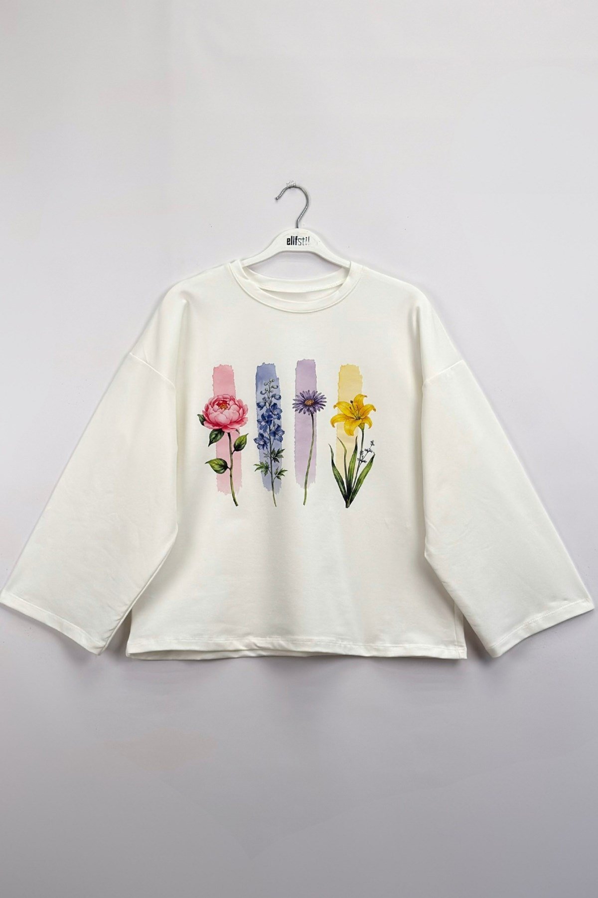 Çiçek Baskılı Sweatshirt Ekru 