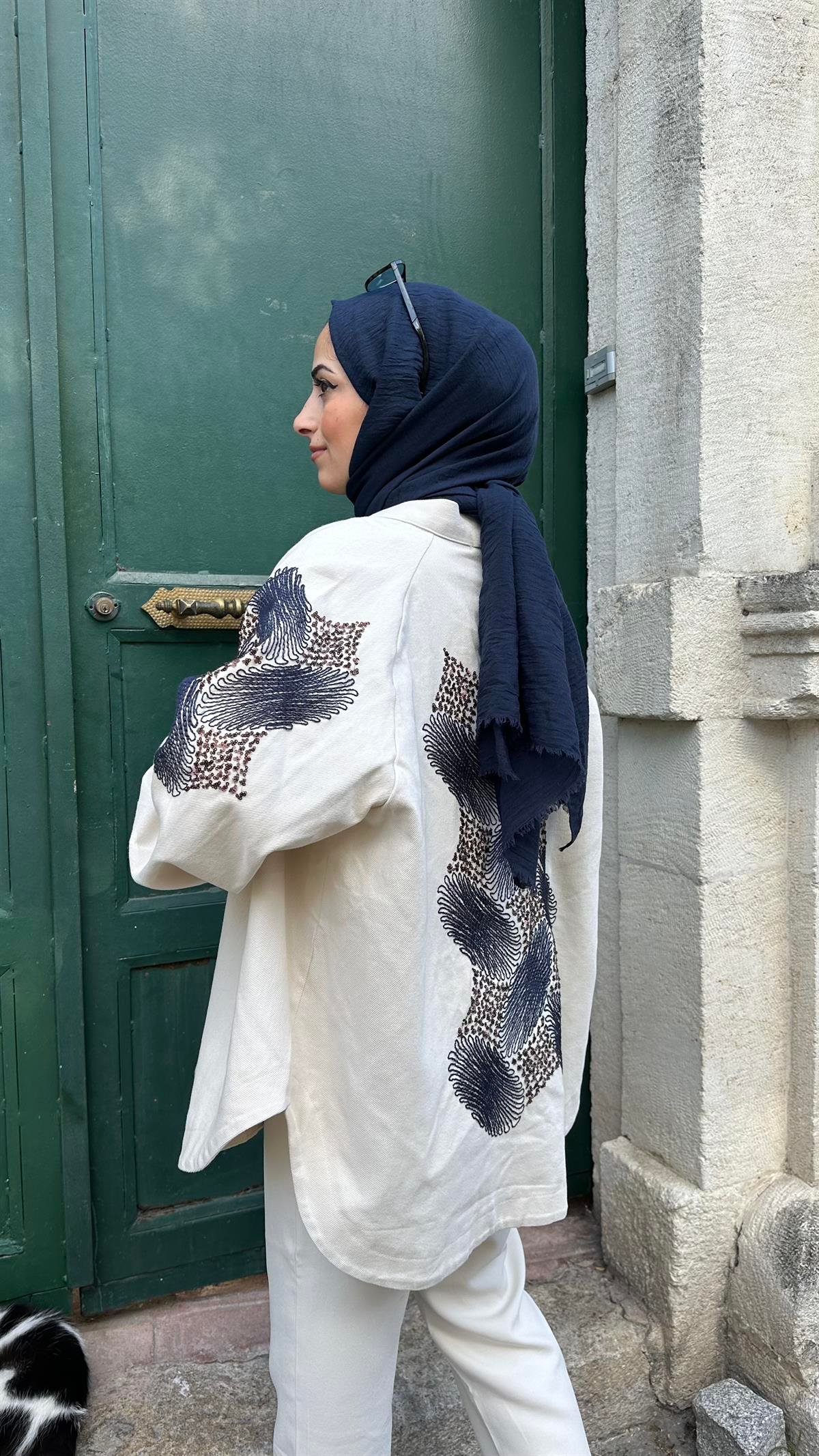 Çiçek Nakışlı Keten Kimono Bej