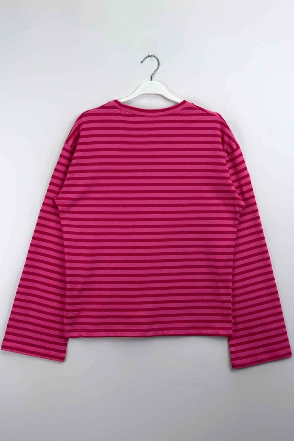 Çizgili Geniş Kol Sweat Pembe