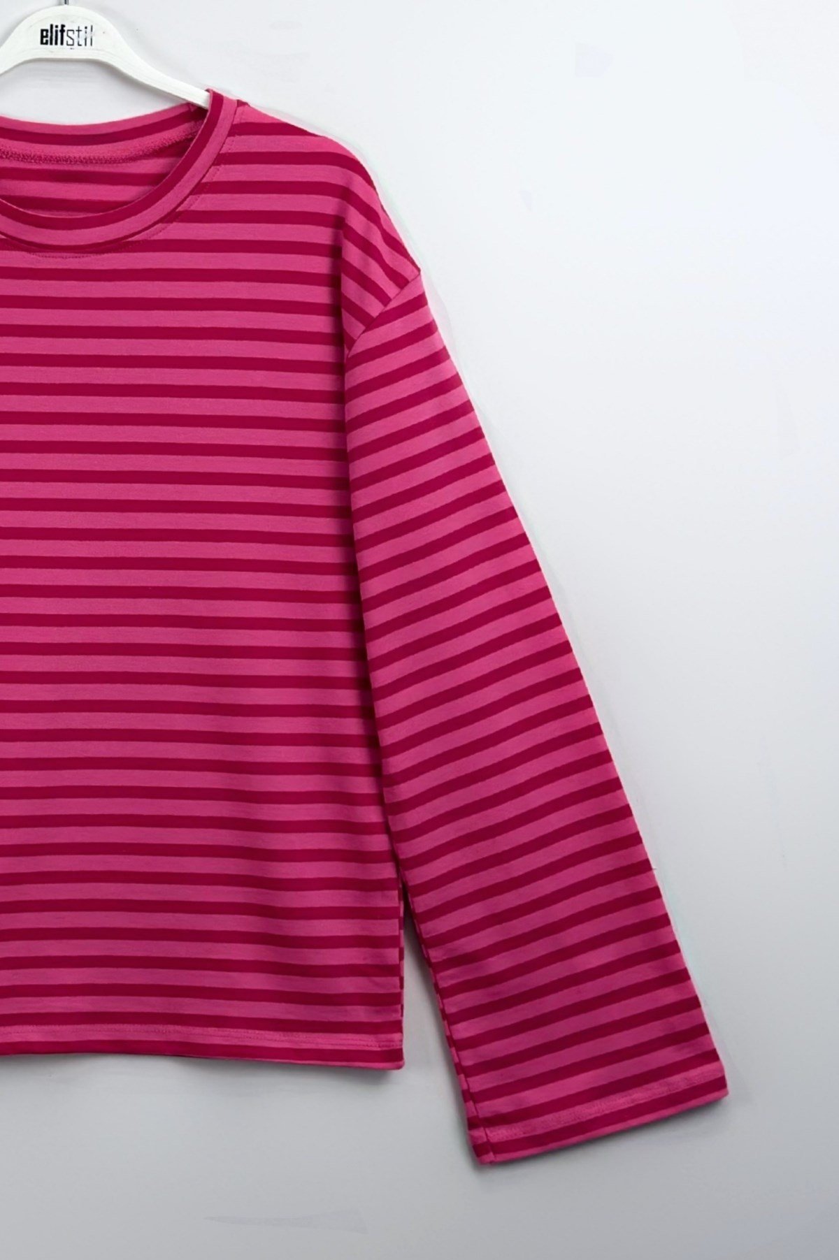 Çizgili Geniş Kol Sweat Pembe