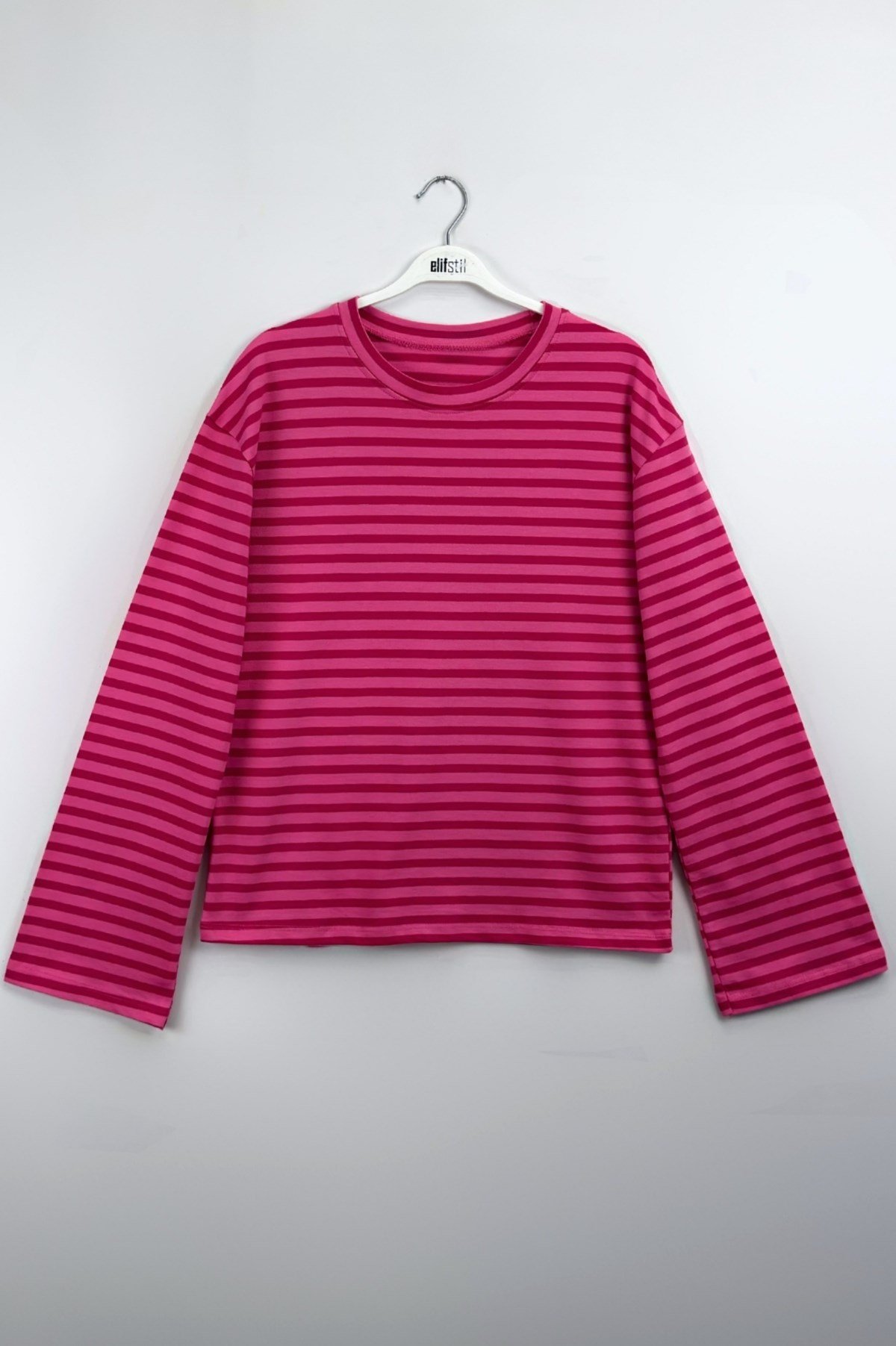 Çizgili Geniş Kol Sweat Pembe
