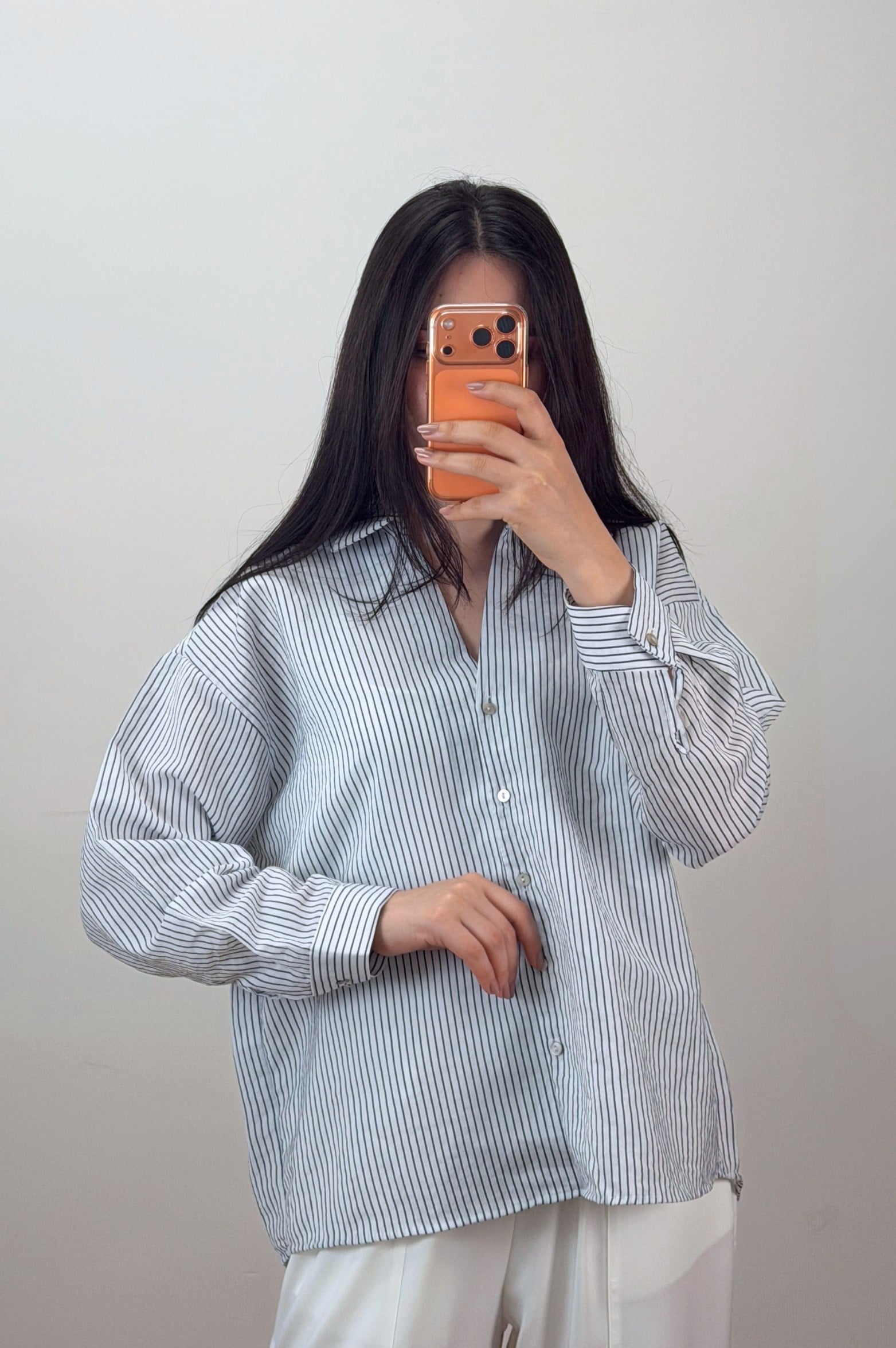Çizgili Oversize Gömlek Beyaz 